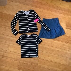 NWT Girls Size 6X Striped Black & White Cardigan & Top wDenim Skirt Set Outfit